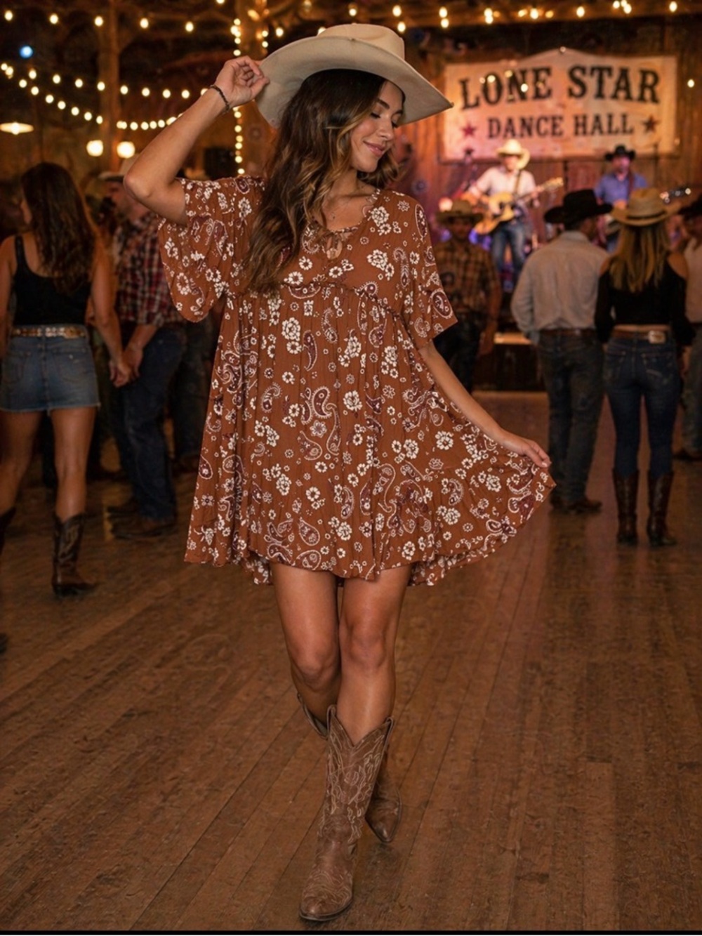Rockin C flowy short sleeve criss cross vneck mini western dress